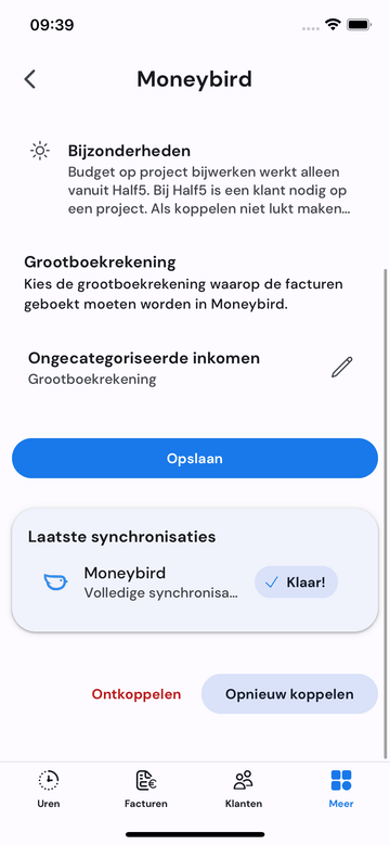 Detailscherm van boekhoudkoppeling synchronisatie op mobiel