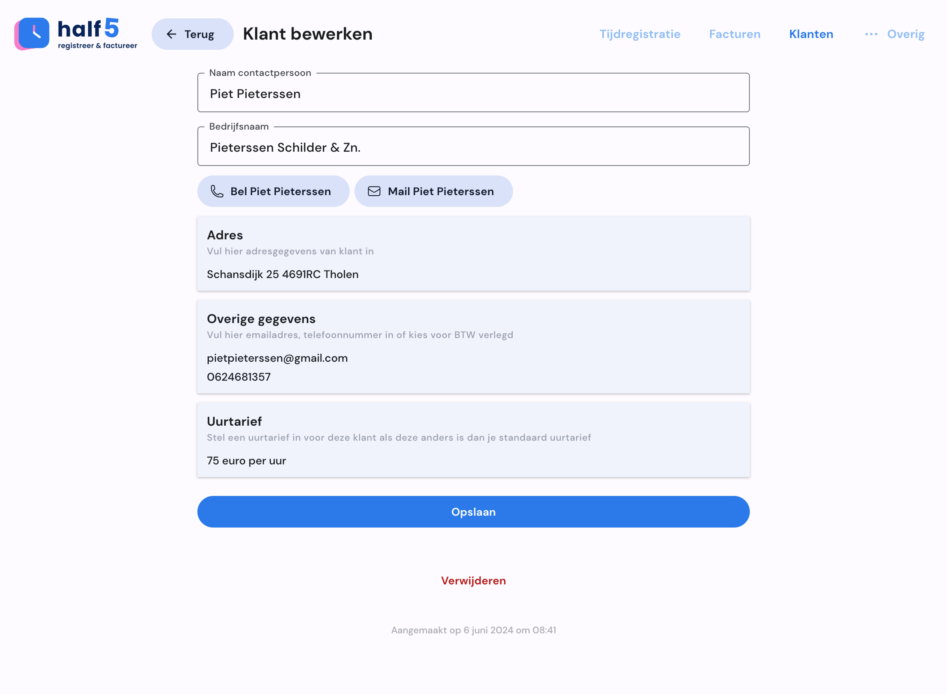 Detailscherm van contacten op desktop