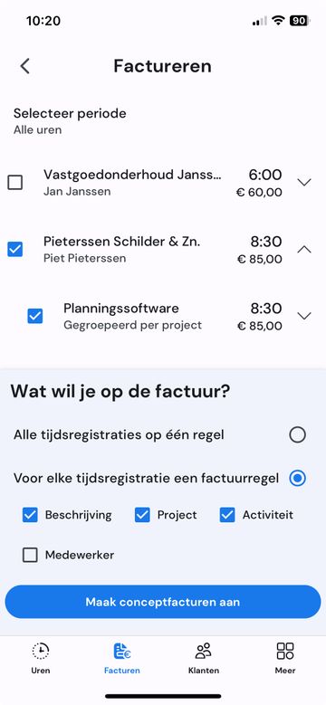 Overzicht van geregistreerde uren op mobiel