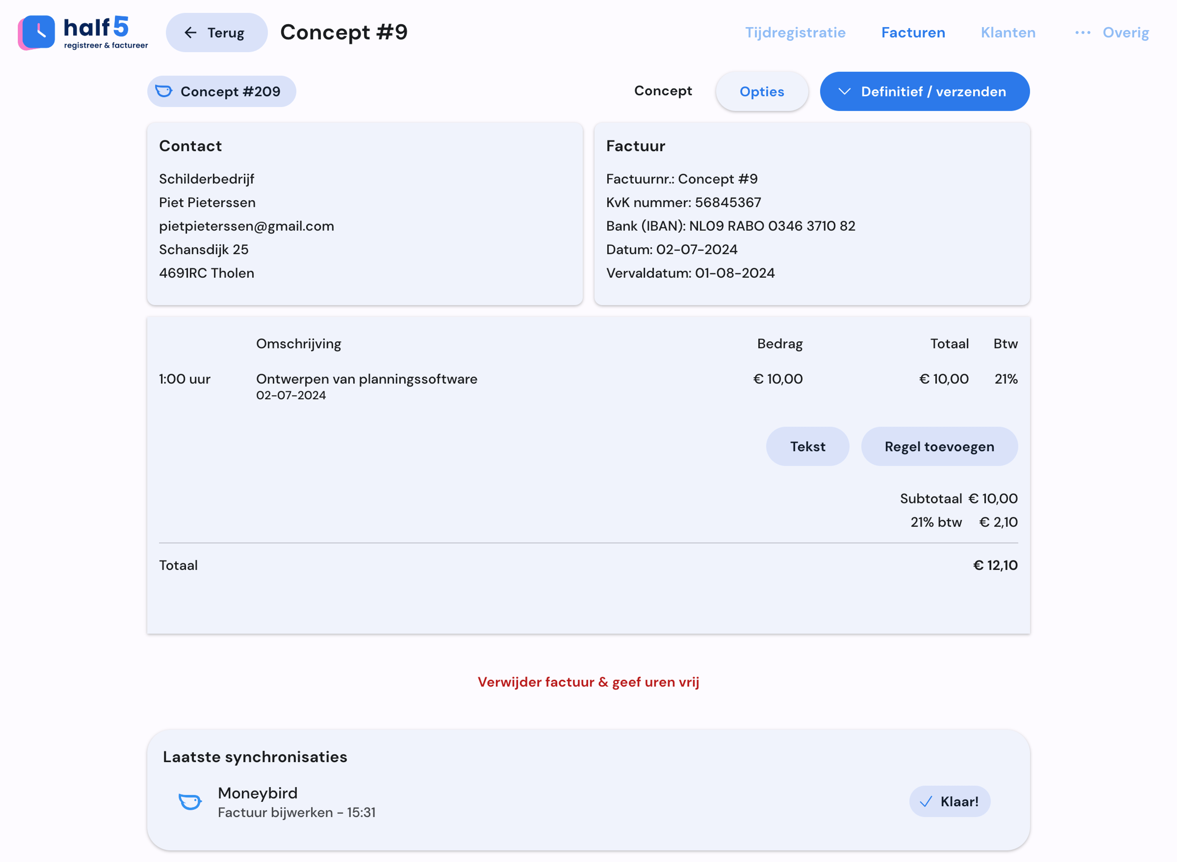 Detailscherm van factuur met boekhoudkoppeling op desktop