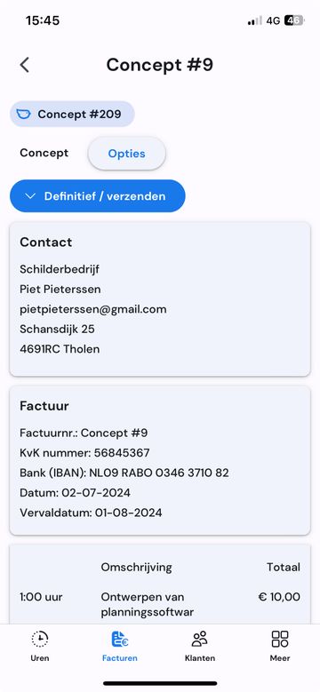Detailscherm van factuur met boekhoudkoppeling op mobiel