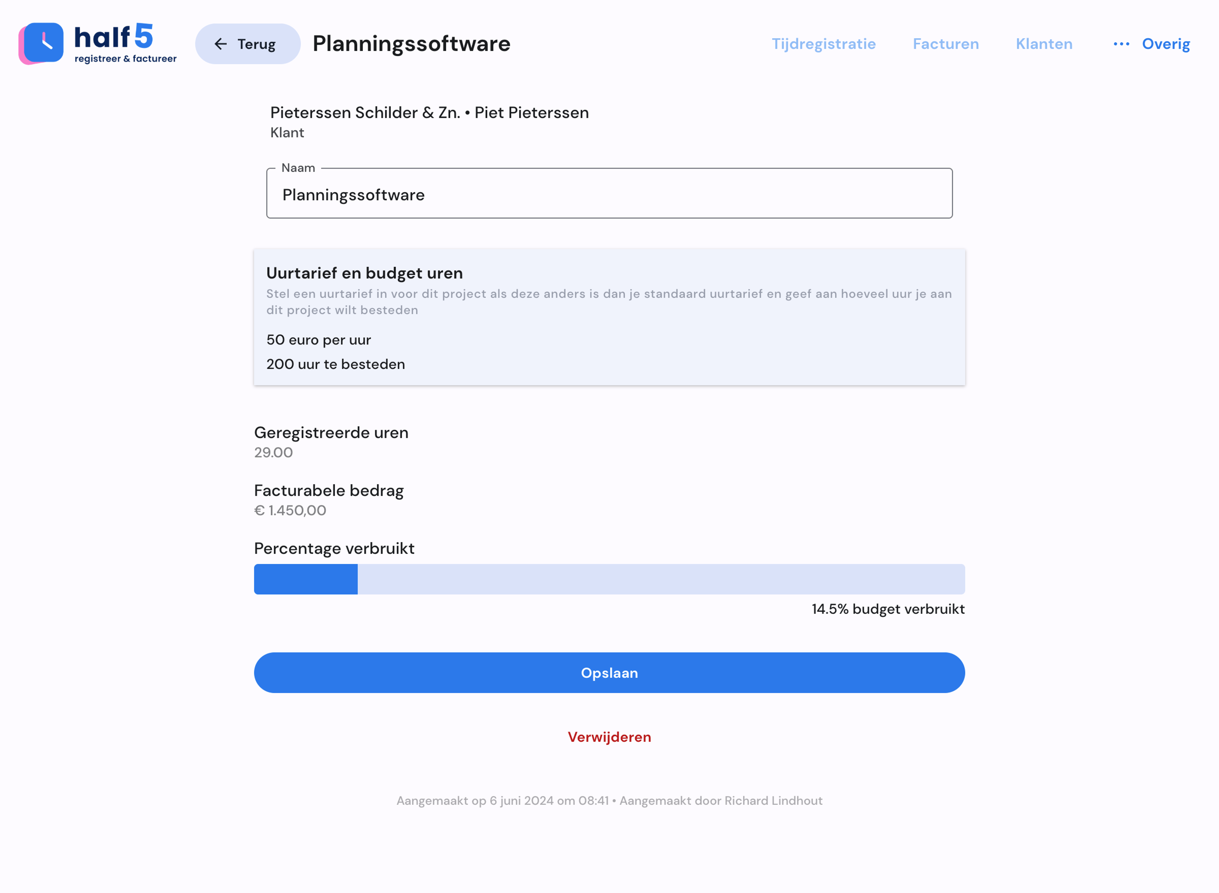 Detailscherm van projecten op mobiel