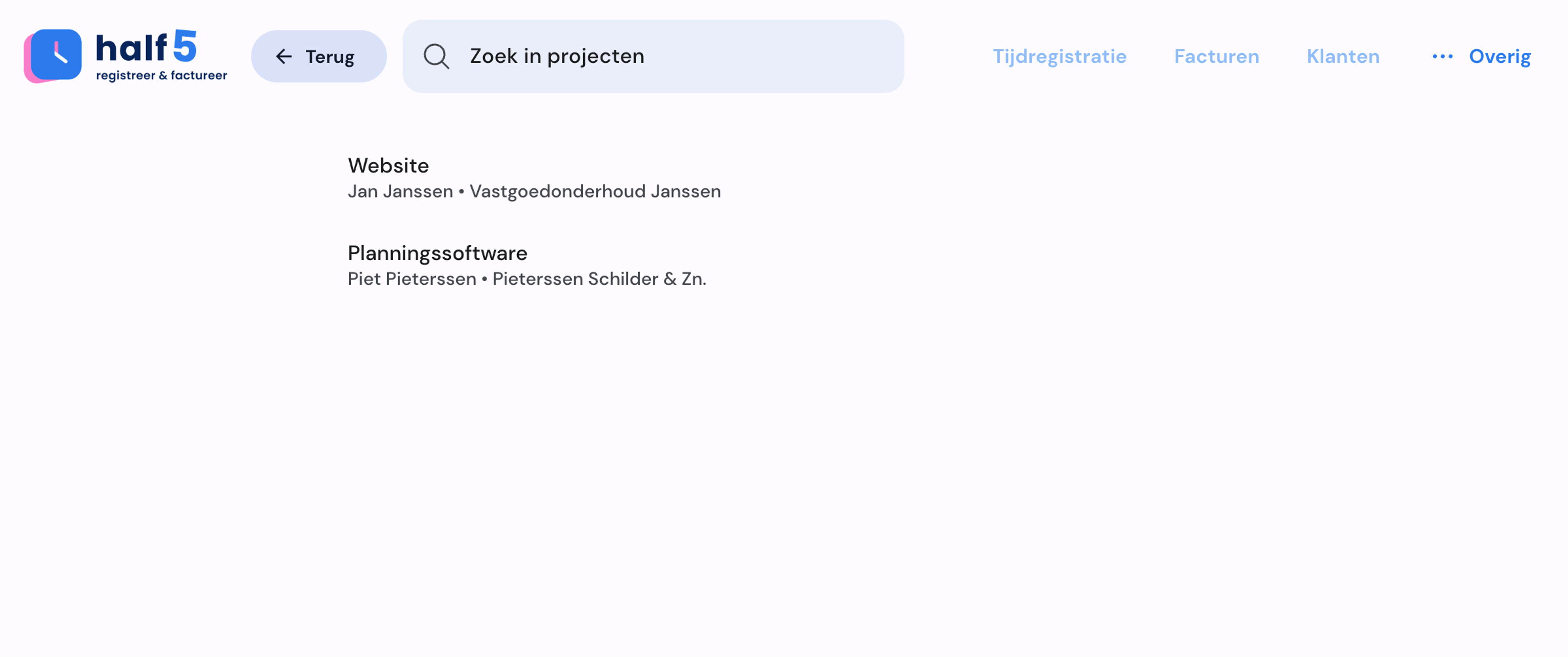 Overzicht van projecten op desktop