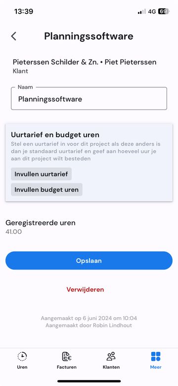 Detailscherm van projecten op mobiel
